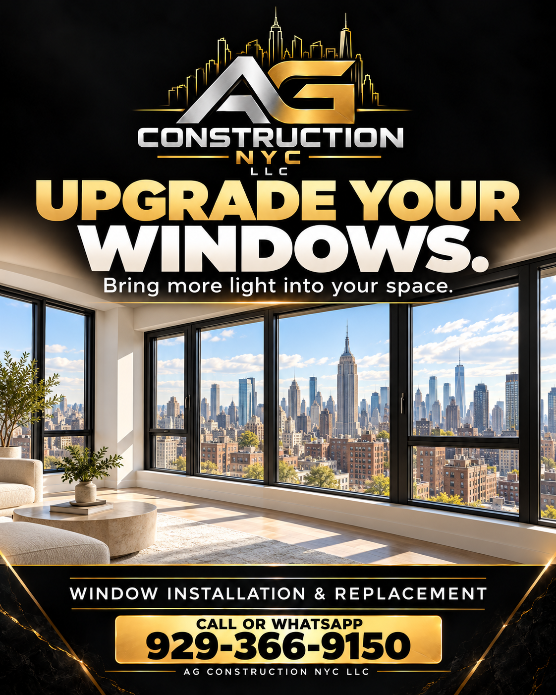 Illustrative New York interior featuring large black-framed windows